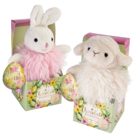 12 St. Plüsch-Hase und -Schaf auf Box, sortiert