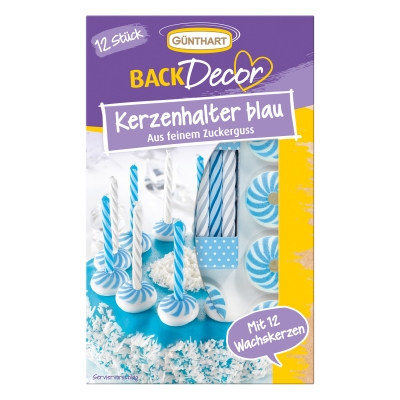 15 St. Zucker-Kerzenhalter mit Kerzen, blau-weiss 