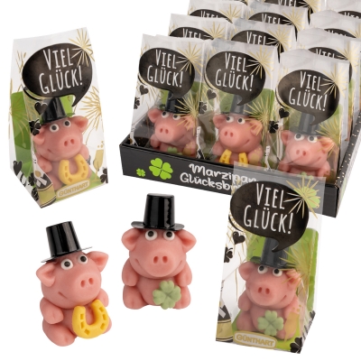 15 St. Marzipan-Schwein mit Zylinder im Cellophanbeutel 